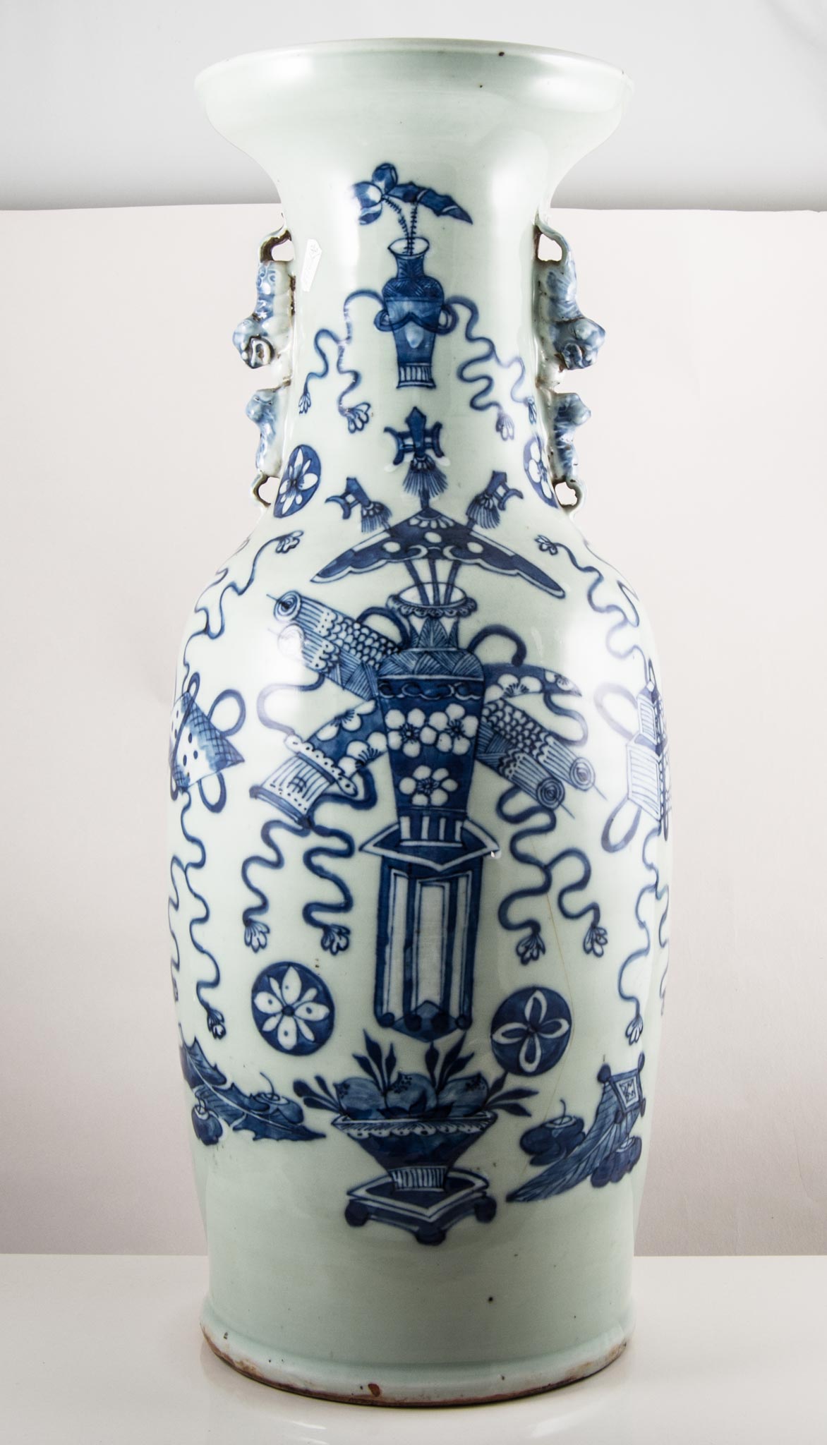 Chinese baluster shape floor vase, Temple Dog handles, decorated with objects, 61cms. - Image 2 of 2