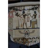 Egyptian stitched panel, with figures presenting a bird, interior with formal columns,