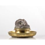 European, a novelty owl inkwell, late 19th century, the hinged cover cast as a large owl head,