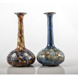 A near pair of Doulton Lambeth stoneware vases, tall slender necks,