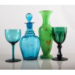 Pair of Victorian opaque glass spill vases, height 20cms, another pair of spill vases, decanter,