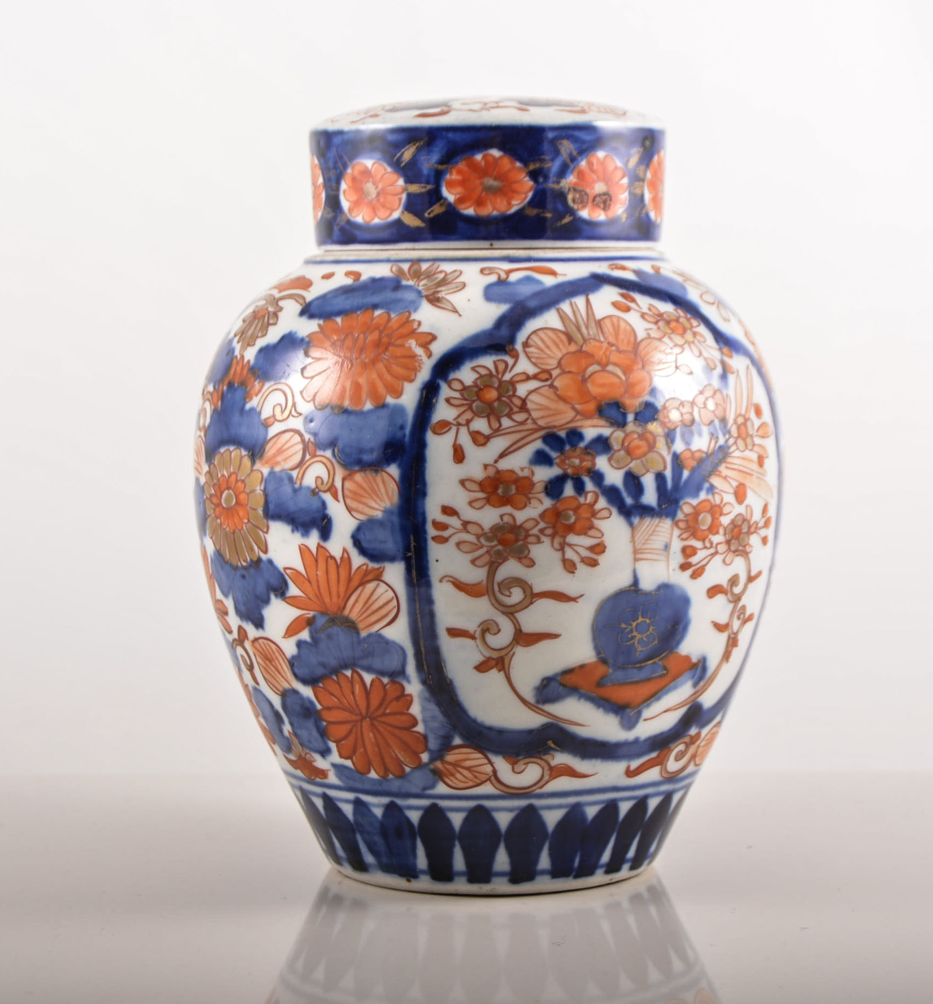 Japanese Imari covered jar, height 17cms, transfer ware soup plate and a coffee cup and saucer,