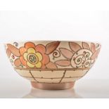 Charlotte Rhead bowl, floral design on a buff ground by Bursley ware, 9cm high,