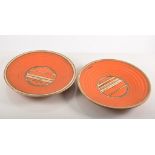 Studio fruit set, circular form with concentric moulded bands, orange glazed, comprising charger,