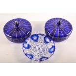 Blue-overlaid glass shallow bowl, diameter 30cms, with ten matching dishes,