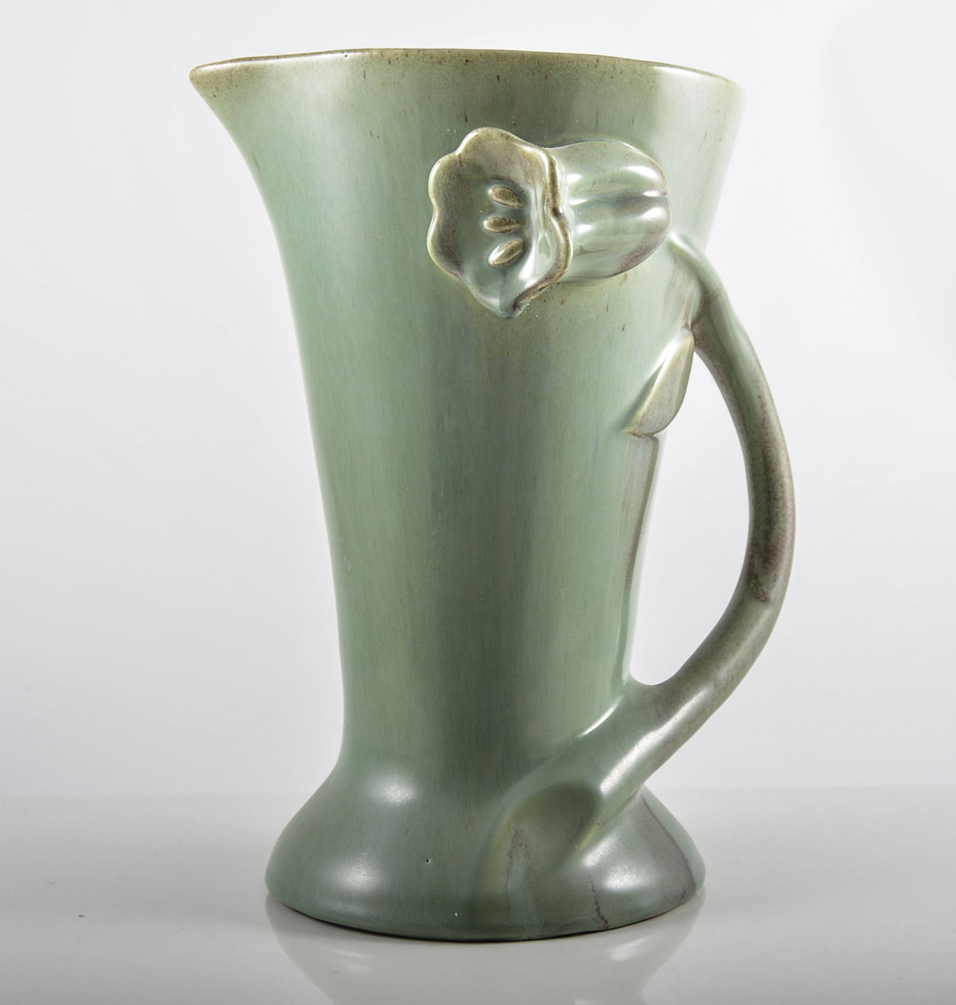 Geoffrey Baxter for Whitefriars, Tangerine Bark vase 15cm, Clarice Cliff green poppy jug, 22cm,