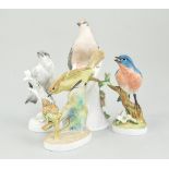 Six Crown Staffordshire bird groups, four by Doris Lindner, including 'Blue Bird',