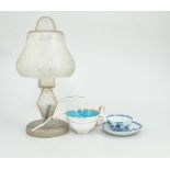 Glass lamp, Chinese tea bowl and saucer,