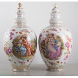 Pair of Dresden porcelain ovoid vases, transfer printed decoration with classical scenes,