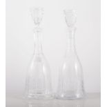 Pair of slice cut and etched mallet decanters with tapering stoppers, etc.