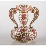 Double gourd twin handled vase with flared neck, in the manner of Zsolnay Pecs, a 31cm,