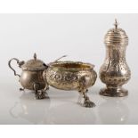 George II silver salt, marks rubbed, possibly London 1750, repousse decoration on three pad feet,