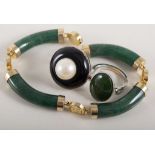 Three gemstone bracelets - aventurine quartz, nephrite and cornelian, two green stone dress rings,