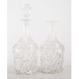 Pair of Victorian glass mallet shaped decanter and stoppers, (one stopper broken).