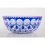 Tudor Crystal blue flashed glass fruit bowl, 23cms, a Royal Doulton glass bulbous decanter,