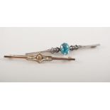 Two bar brooches, one stamped 15ct and set with two seed pearls and golden stone, 55mm, metal pin,