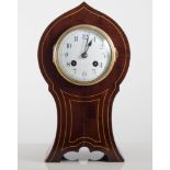 Edwardian mahogany balloon shape mantel clock, case with boxwood stringing, circular enamel dial,