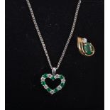 An emerald and diamond heart shape pendant, 11mm,