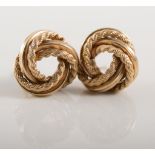 Pair of 9 carat yellow gold ear studs, polished and rope finish 15mm knots, pierced fittings,