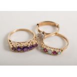 Three dress rings, a 9 carat yellow gold reproduction half hoop mount set with amethyst (5),