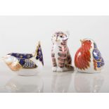 Three Royal Crown Derby paperweights, including a Robin and Wren and Kitten.