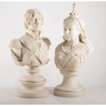 Three contemporary stoneware busts, Queen Victoria, and two depicting Nelson (3).