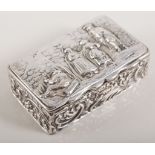 Victorian silver snuff box, Chester possibly 1858, embossed decoration with figurative scene,