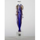 Vetreria Zane for Murano glass sculpture of lovers, blue with aventurine flecks on plain socle,36cm,