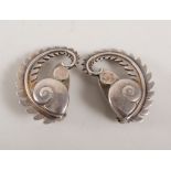 Pair of Georg Jensen silver earclips by Arno Malinowski, snail and fern design, clip fittings,