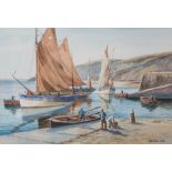 A D Bell, "French Trawlers", "Mevagissey", pair of watercolours, dated 1954.