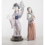 Lladro figurine, girl with bonnet No 5.007, and a Geisha girl with two fans, (2).