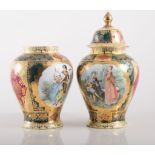 Pair of Vienna style baluster shaped covered vases, 20cms, two other Vienna style vases,