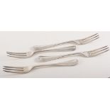 Matched set of six silver table forks, three prongs.