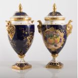 Pair of Coalport vases with lids, painted with fields of still life of fruit, 24.5cm high.