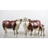 Beswick Hereford Cow, 1360 1954/97, Hereford Calf, 901B 1957/C, Hereford Bull, 1363B 1997/C, (3).