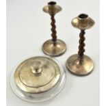 Pair of oak and silver mounted dressing table candlesticks, by A. E.