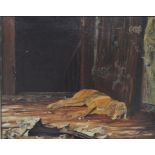 Victorian School, Barn interior with a dog, oil on canvas, indistinctly signed.