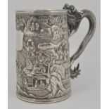 Chinese silver mug, tapering straight sided form, cast decoration with figures,