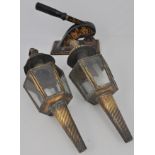 Pair of brass lanterns, hexagonal section and other metalware.