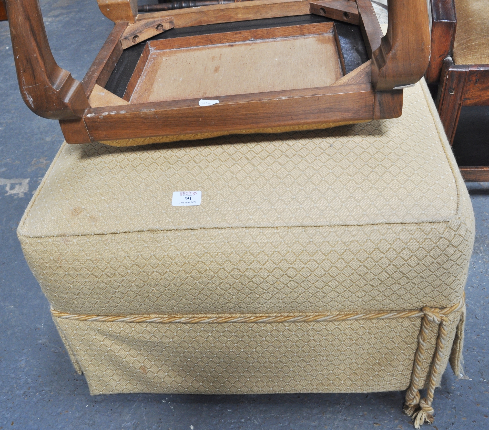 Stained wood stool, upholstered to and a footstool,