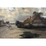 Elmer Keene, village street with thatched cottages, horse and cart on a land, oil on canvas, signed,
