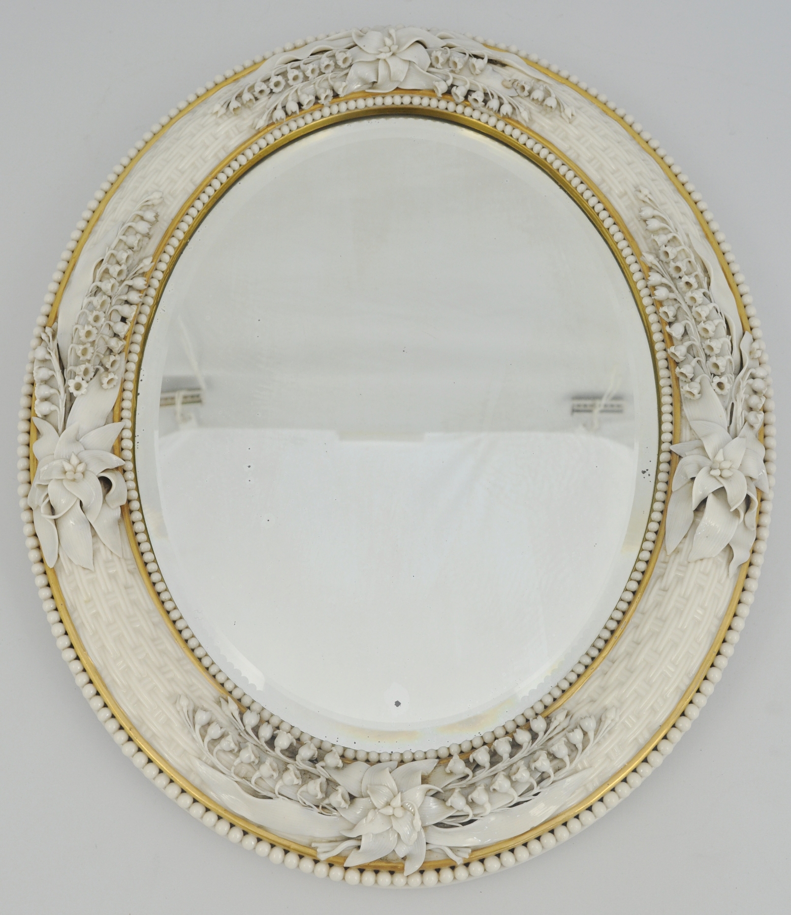 Porcelain mounted oval mirror, probably Belleek, basket weave moulded, - Image 2 of 2