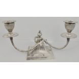 Modern silver two light table candelabra, neo classical style, fluted urn sconces, square base,