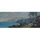 Continental School, 19th Century, Coastal scene, with figures by a villa, oil on canvas, unsigned,