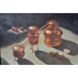 Sven Lingardsz, still life with copper vessels, cherries, oil on board, signed 25.