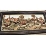 A modern tapestry panel, hunting scene, oak frame, the panel length 155cms.