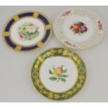 Meissen cabinet plate, moulded and pierced basket weave border, painted with fruit,