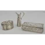 Small silver cased scent bottle, rectangular box and one other, Continental silver miniature jug,