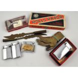 Small box of lighters, razors, trench art boots (quantity).