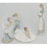 Two Nao models of ballerinas, and one other. With one Lladro figure of girl with lamb (4).